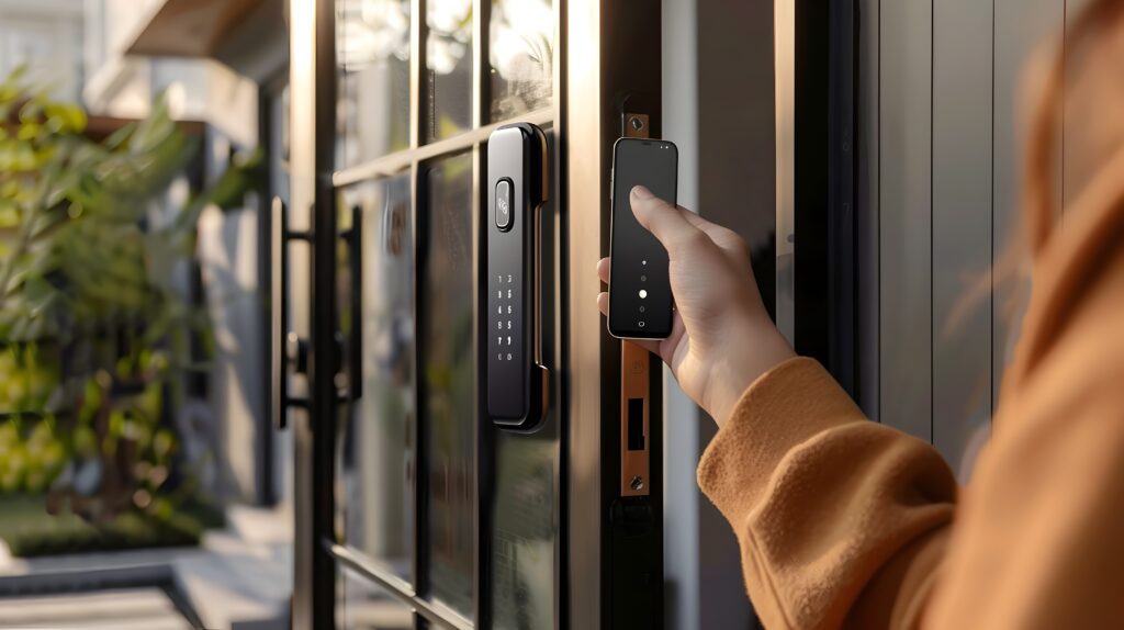 Remote worker accessing a smart lock with a smartphone for repair assessment