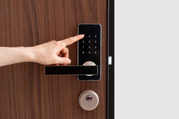 Close-up of a sleek keypad lock enhancing a staged home's front door appeal